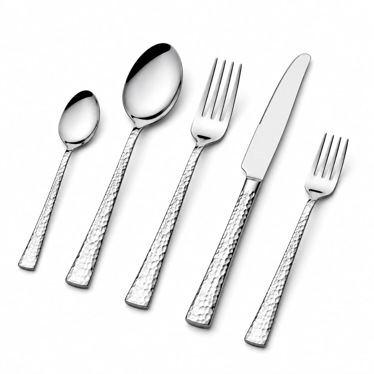 Besteckset 5-teilig 22.5 cm aus Edelstahl Silber mit gehämmerter Griffstruktur für 1 Person