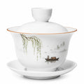 Gaiwan Teeschale 150 ml aus Porzellan Weiß mit Landschaftsmotiv und Deckel