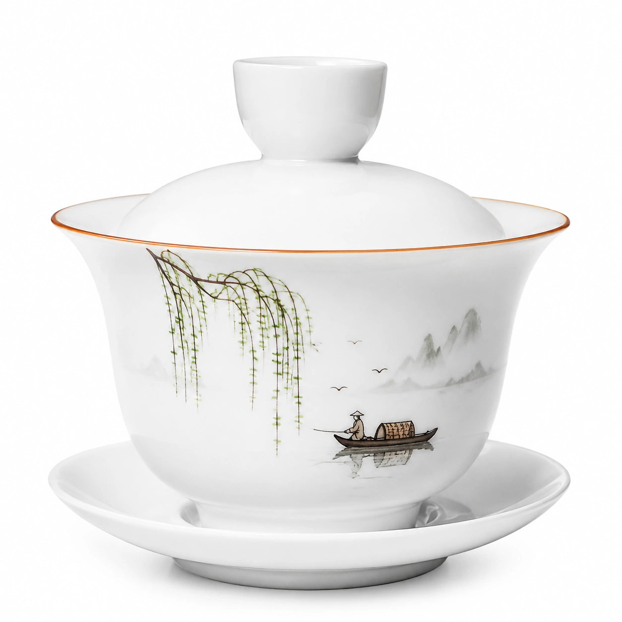 Gaiwan Teeschale 150 ml aus Porzellan Weiß mit Landschaftsmotiv und Deckel