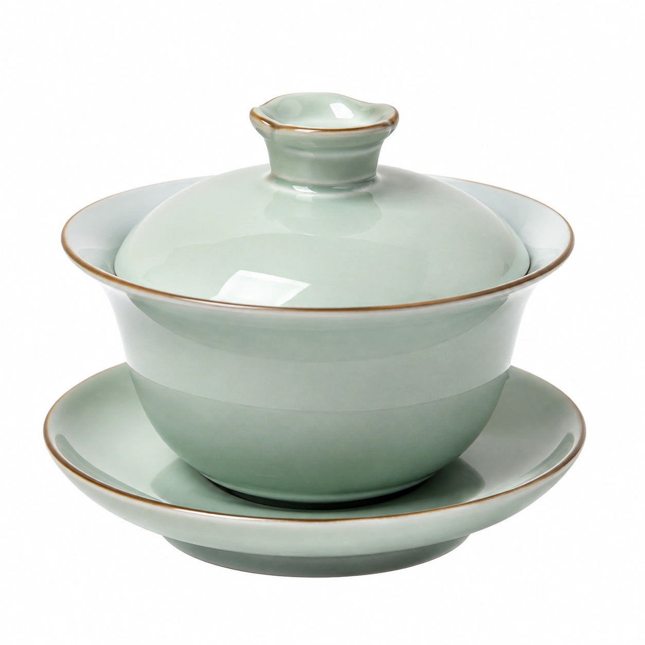 Teeschale mit Deckel 150 ml aus Keramik hellgrün glasiert mit Untertasse