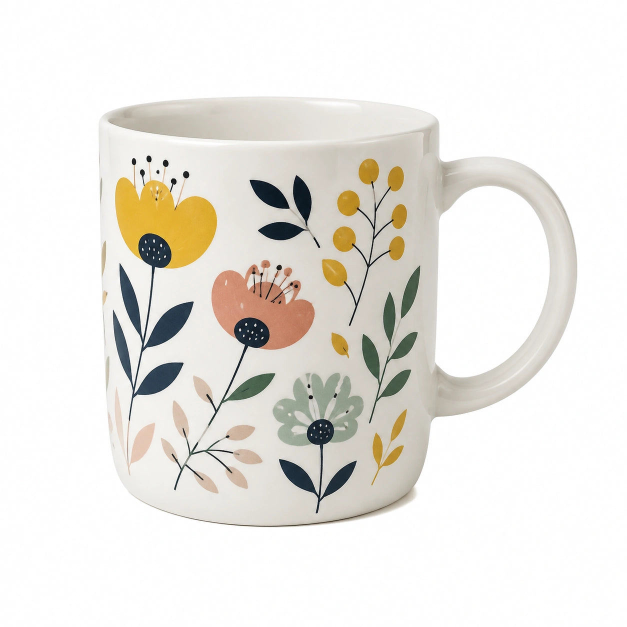 Keramiktasse 350 ml Weiß mit Blumenmuster für Heißgetränke