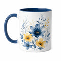 Keramiktasse 350 ml Blau Gelb Weiß mit Blumenmotiv für Heißgetränke