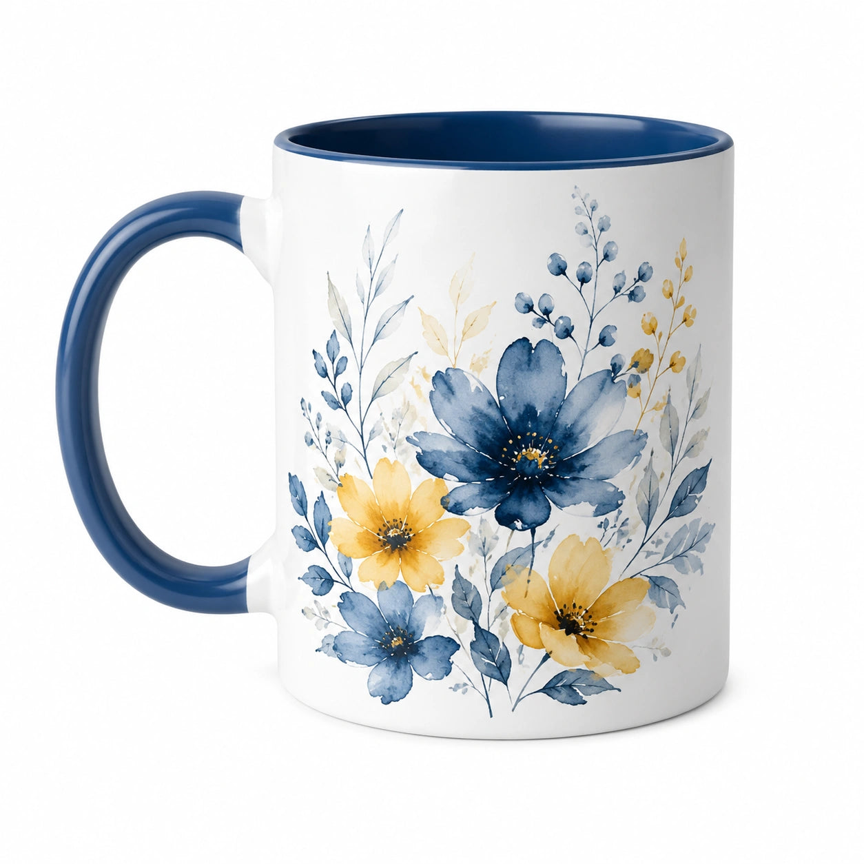 Keramiktasse 350 ml Blau Gelb Weiß mit Blumenmotiv für Heißgetränke