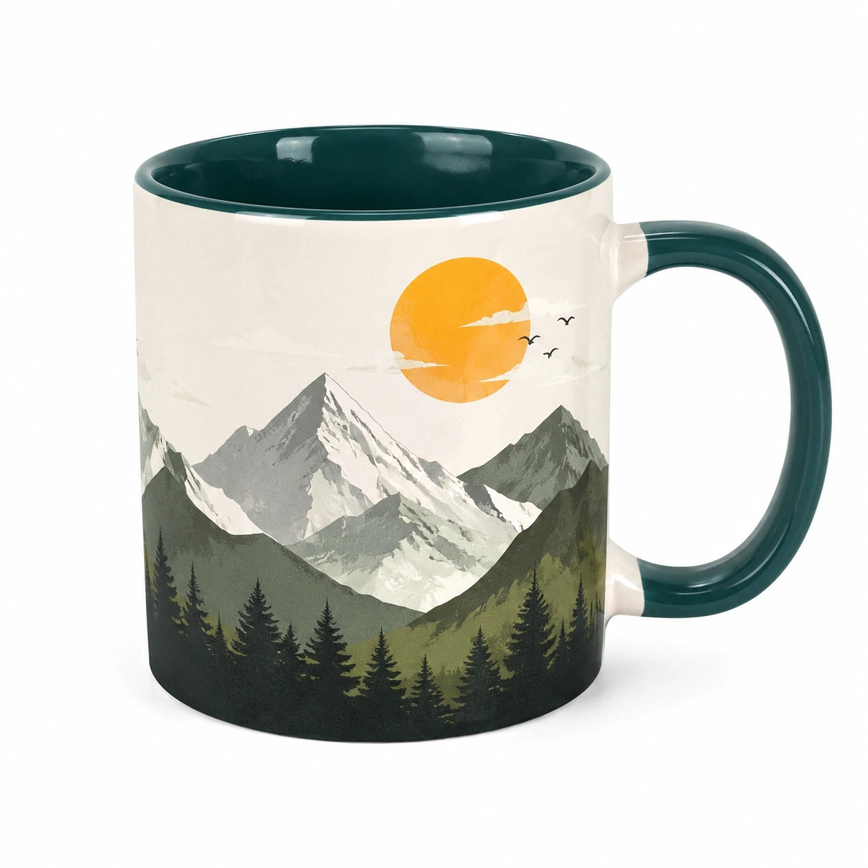 Keramiktasse 350 ml Weiß Dunkelgrün mit Berglandschaft für Heißgetränke