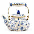 Teekanne 2 L aus Keramik in Creme Blau Gold mit Blumenmuster und Deckel