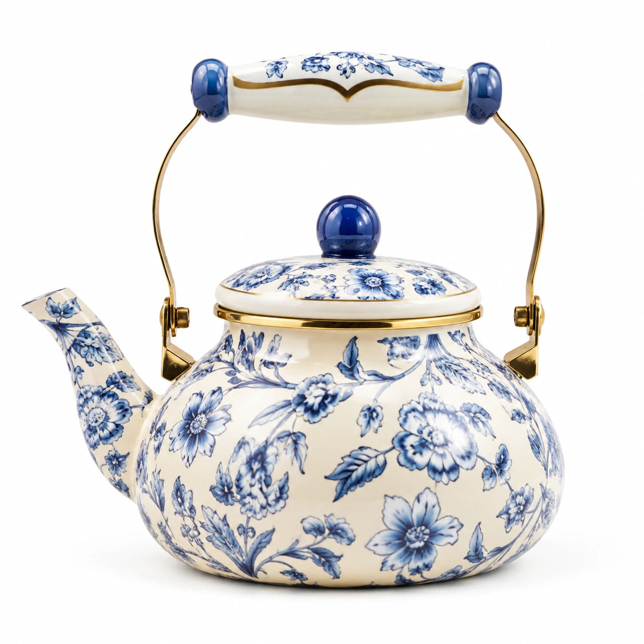 Teekanne 2 L aus Keramik in Creme Blau Gold mit Blumenmuster und Deckel