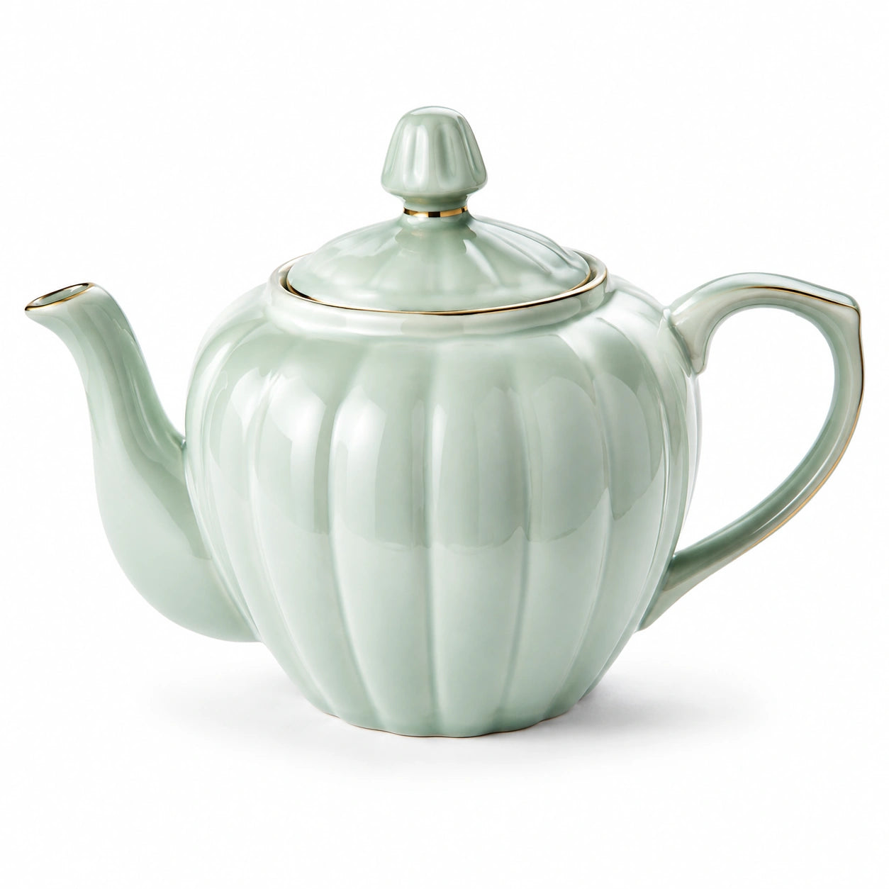 Teekanne 1.20 L 17 cm aus Porzellan mintgrün mit Goldrand gerippte Form