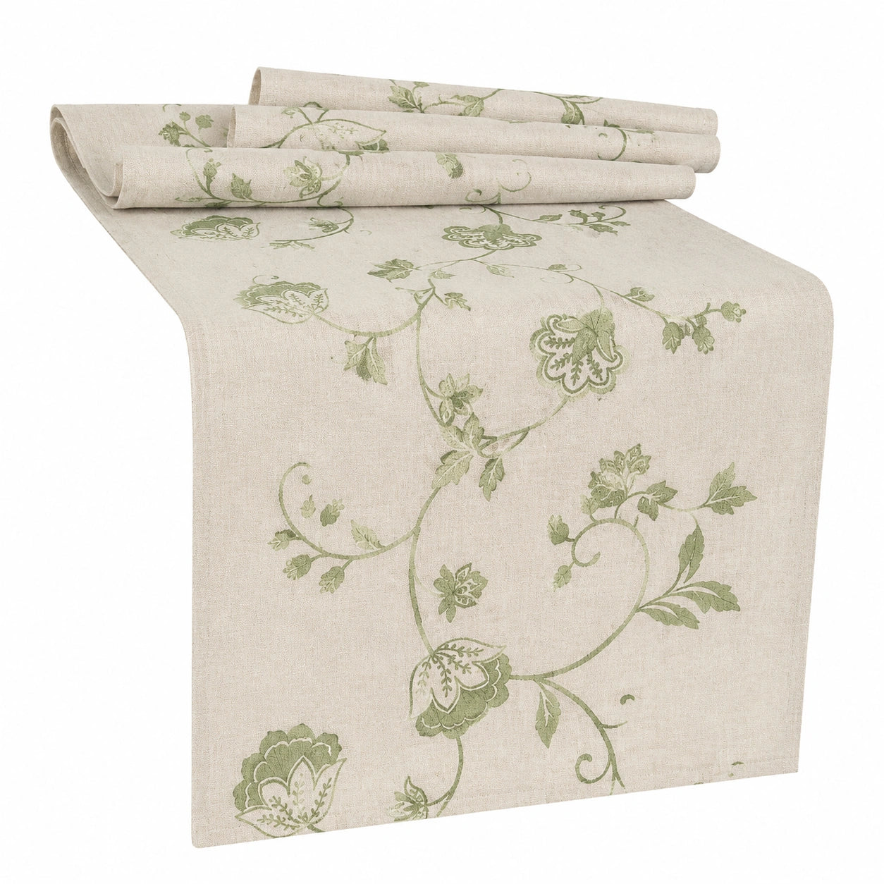 Tischläufer 180 x 35 cm Beige Grün Blumenmuster in Leinenoptik für Esstisch