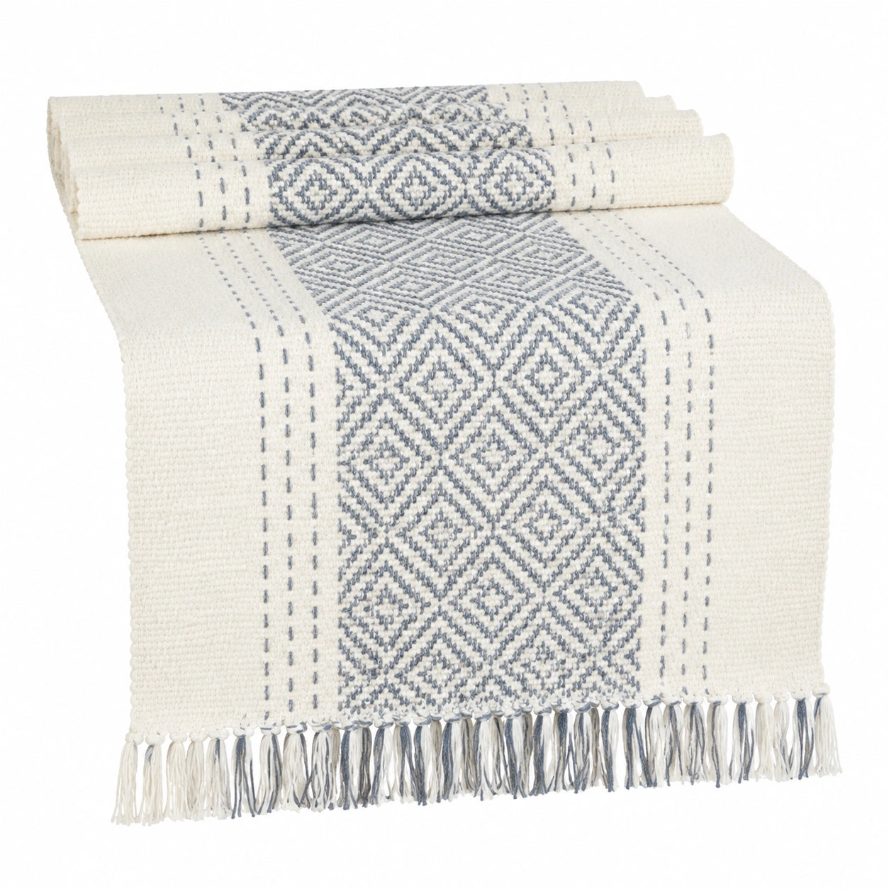 Tischläufer 180 x 35 cm Textil Cremegrau mit Fransen im geometrischen Stil