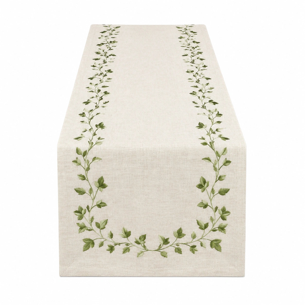 Tischläufer 180 x 33 cm Textil Beige Grün mit Blattranken - Rechteckige Tischdekoration in Leinenoptik